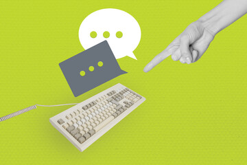Composite photo collage of hand point electronic keypad bubble communication cloud chatterbox messenger isolated on painted background