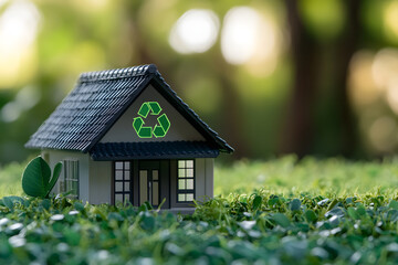 Wall Mural - A miniature eco-friendly house with a recycling symbol, surrounded by greenery.