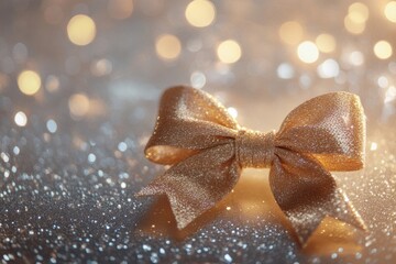 Aufkleber - A stunning golden ribbon elegantly tied in a bow rests on a shimmering surface, perfect for festive New Year decor and branding. Generative AI