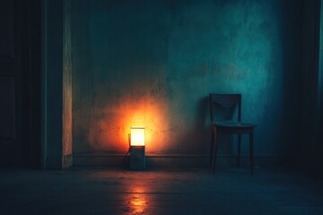 Leinwandbilder - A small light source brightens a dark, empty room featuring a solitary chair, evoking feelings of abandonment and creating space for text integration. Generative AI