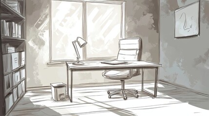 Canvas Print - Modern Office Workspace Sketch Featuring Desk Chair And Bookshelves