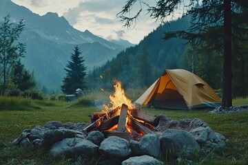 Bonfire burning in tourist camp in mountains. Beautiful campfire, burning wood by tent in summer evening. Active lifestyle, traveling, hiking and camping concept. Campfire burning in slow motion