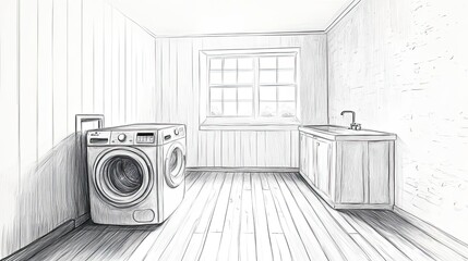 Canvas Print - Sketch of a laundry room with washer and sink