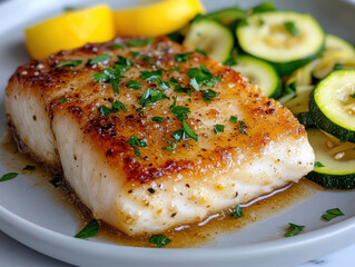 Wall Mural - portion of baked cod fillet with vegetables