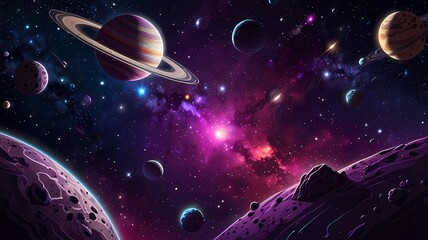 Wall Mural - space galaxy background with saturn planet and asteroids, cartoon universe texture. vector starry fu
