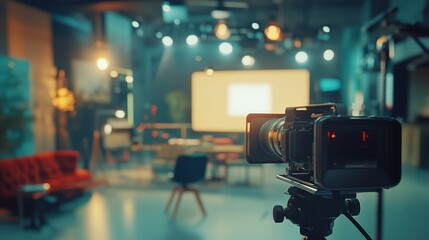 Poster - Recording an interview on camera in a contemporary television studio, featuring advanced media technology and blurred background for emphasis. Generative AI