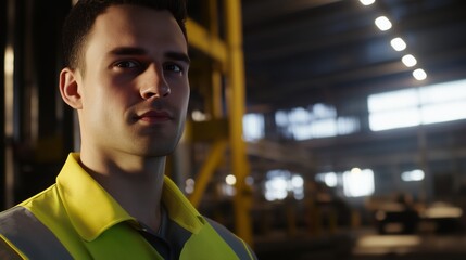 Wall Mural - Man in a yellow vest stands in front of a yellow structure