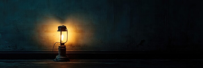 Poster - A solitary lantern emits a warm glow in a dark, empty space, highlighting themes of abandonment and reflection in a stark environment. Generative AI