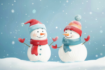 Wall Mural - Snowmen in red and blue celebrate Christmas against a winter scene