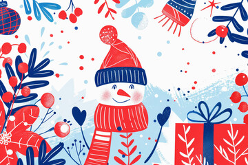 Wall Mural - Playful traditional Christmas card featuring a snowman in red and blue colors