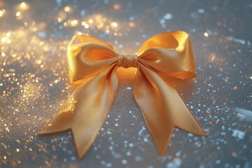 Aufkleber - A golden ribbon in a pretty bow shines atop a sparkling surface, adding a festive touch for New Year celebrations. Generative AI