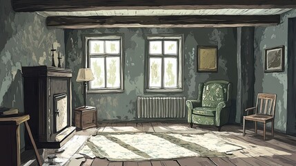 Wall Mural - A Rustic Room With Old Furniture and Worn Walls