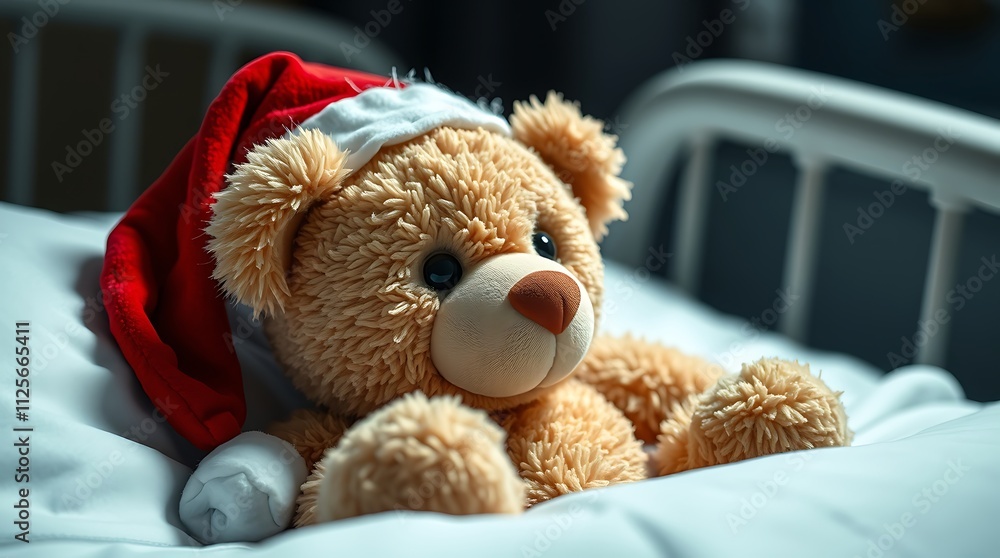 teddy bear with a Santa hat sits beside a child in a hospital bed ...