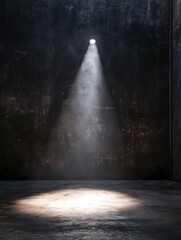 Poster - In a dark, empty room, a small beam of light highlights a section of the floor, suggesting a feeling of abandonment and offering blank space for text. Generative AI