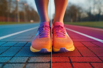 Poster - A pair of colorful running shoes is positioned on a track, illuminated by warm evening light, creating a dynamic setting for fitness enthusiasts. Generative AI