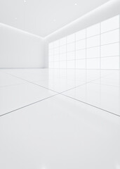 Wall Mural - 3d rendering of close up white tile floor in perspective view, empty space in room, window and light. Modern interior home design look clean, bright, shiny surface with texture pattern for background.