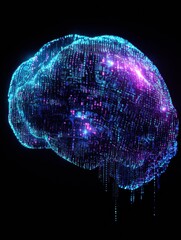 Fototapete - This artwork features a digital brain composed of glowing grids and binary code, showcasing advanced technology and innovation in a dark setting. Generative AI