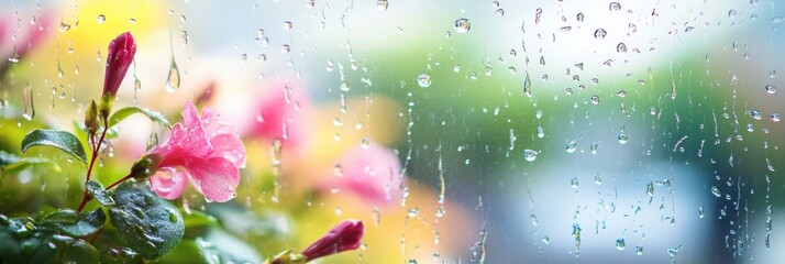Leinwandbilder - Raindrops cling to a glass surface while an empty street reflects a gloomy atmosphere, complemented by colorful flowers nearby. Generative AI