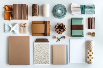 Poster - Flat lay shows gift wrapping supplies like decorative paper and ribbons, plus space for notes. Generative AI