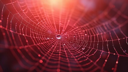 Dew-Kissed Spiderweb, Intricate Glistening Silk Strands on Red