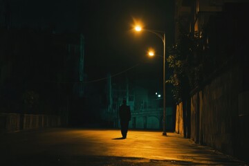 Aufkleber - A solitary person walks down an empty street at night, illuminated by streetlights casting long shadows in the quiet darkness. Generative AI