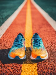 Poster - Brightly colored running shoes rest on a track, surrounded by a vibrant scene perfect for showcasing athletic gear or fitness activities. Generative AI