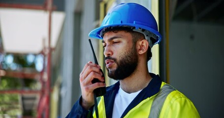Fototapete - Engineer, radio and tablet with blueprint, digital plans and instructions with directions for safety. Architect, man and construction site for repairs, development goal and building maintenance