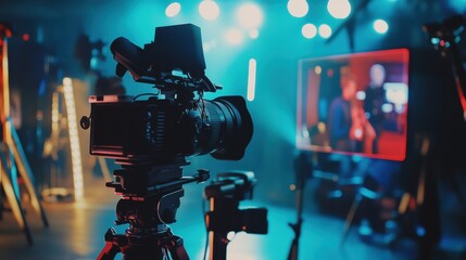 Poster - Capturing an engaging interview in a professional studio, showcasing advanced equipment and technology in a blurred background setting. Generative AI