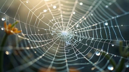 Intricate Spiderweb with Dew Drops, Fragile Beauty