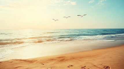 Poster - serene beach sunset, ocean, waves, sand, birds in sky, peaceful scene, natural beauty, coastline, tranquil atmosphere, warm colors, relaxation, summer vibes, nature photography