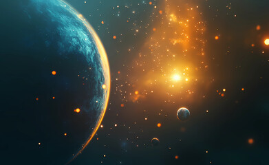 abstract background of space with planets and stars, dark blue and golden light, planet earth in the