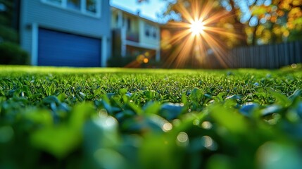Wall Mural - A bright sun is shining on a lush green lawn. The sun is casting a warm glow on the grass, making it look inviting and peaceful. The scene is perfect for a relaxing afternoon spent outdoors