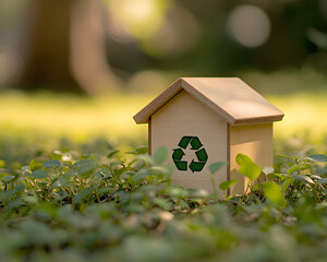 Wall Mural - A small wooden house with a recycling symbol, surrounded by green plants in a natural setting.