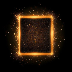 abstract golden, glowing square frame with sparkles on a black background