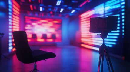 Leinwandbilder - Interview recording captures a dynamic atmosphere in a conceptual television studio featuring innovative media technologies and colorful lighting. Generative AI