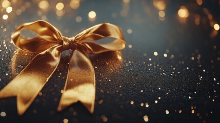 Poster - An elegant golden ribbon is tied in a perfect bow resting on a shimmering surface, enhancing the festive atmosphere for New Year. Generative AI