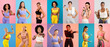© Prostock-studio - A group of women showcases various fitness poses in bright athletic wear, highlighting strength and joy during their workout routines in a playful and colorful setting.