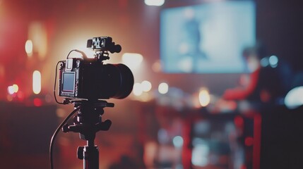 Leinwandbilder - A professional setup captures an interview in a television studio with advanced media technology, featuring a blurred background and ample copy space. Generative AI