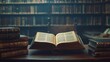 © CLOVER BACKGROUND - Open Book on Table Surrounded by Stacks of Books in Library Setting