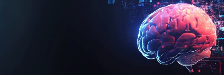 Fototapete - A digital brain merges seamlessly with advanced AI elements like circuits and holographic projections, representing innovation and technology. Generative AI