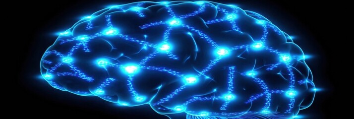 Leinwandbilder - Detailed visualization of a brain highlighting glowing blue neural pathways, symbolizing connectivity and cognitive function. Generative AI