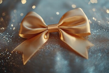 Aufkleber - Golden ribbon tied in a beautiful bow sits on a sparkling surface, perfect for adding a festive touch to New Year decorations. Generative AI