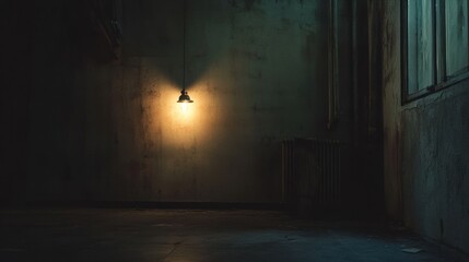 Fototapete - A small light flickers in a dark, deserted room, creating a stark contrast against the barren walls, inviting thoughts of abandonment and isolation. Generative AI