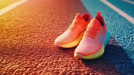Poster - Bright running shoes are positioned strategically on a track, showcasing a vivid color palette and inviting design for athletic appeal. Generative AI