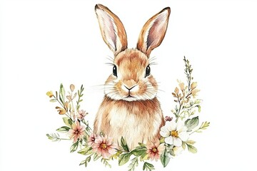 Wall Mural - Watercolor Rabbit Surrounded By Delicate Spring Flowers