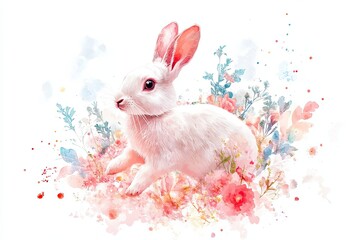 Wall Mural - White Rabbit Amidst Delicate Watercolor Flowers