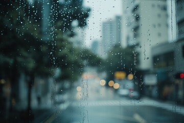 Leinwandbilder - Raindrops glisten against the window while an empty street remains still, creating a calm atmosphere on a rainy day. Generative AI