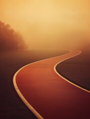 Aufkleber - A winding running track stretches toward the horizon, surrounded by fog and trees, creating a tranquil and inviting atmosphere for runners. Generative AI