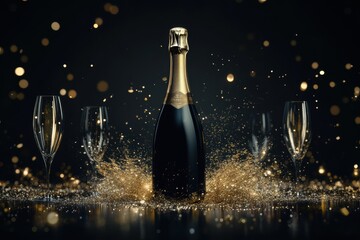 Poster - A champagne bottle pops joyfully, releasing sparkling bubbles, while elegant glasses await to be filled during a festive celebration. Generative AI