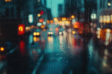 Leinwandbilder - Raindrops fall on a window, revealing a tranquil street view with blurred streetlights capturing a peaceful, rainy ambiance. Generative AI